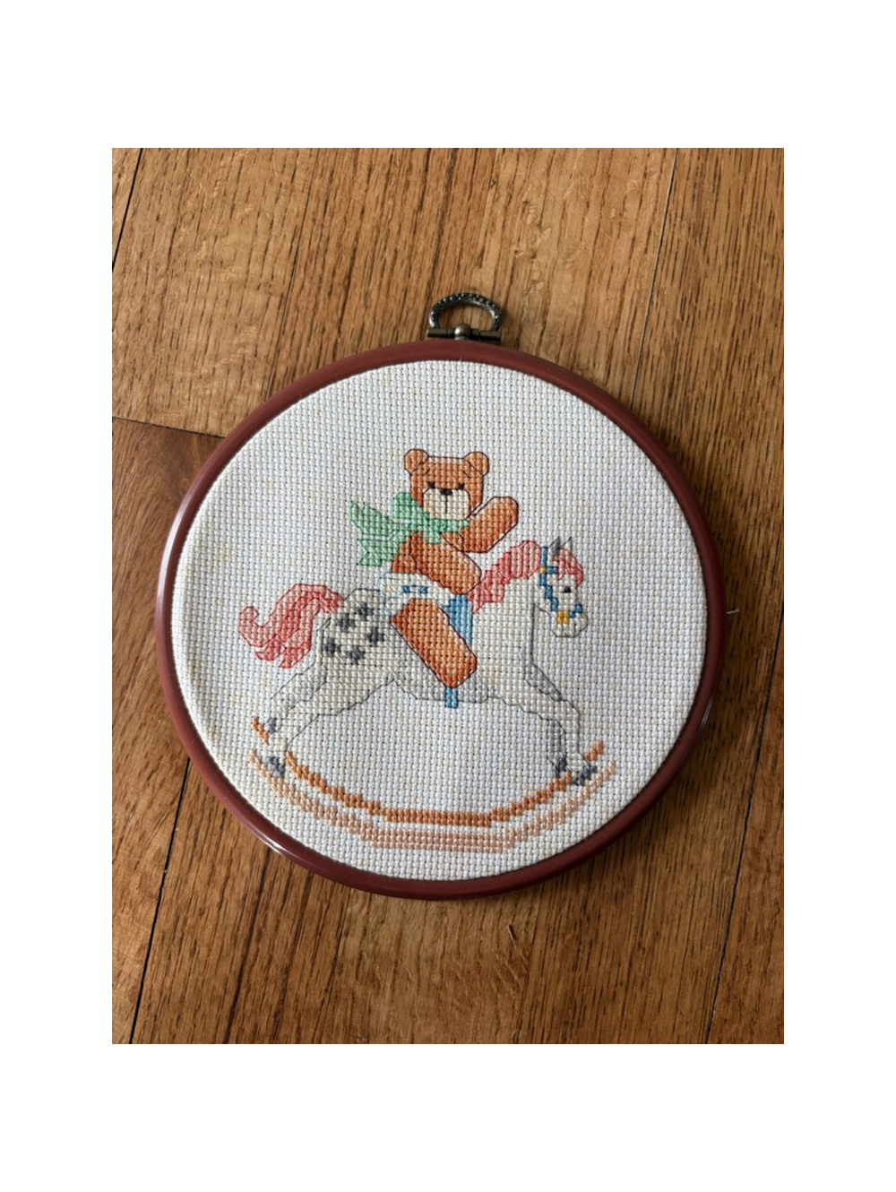 Cute Teddy Bear Rocking Horse Cross Stitch Hoop Art Nursery